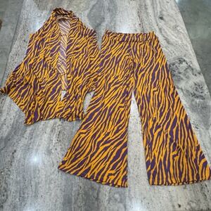 Ronnie Salloway Tiger Pride Outfit Cardigan Wide Pants LSU Mardi Gras Sz L/XL